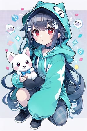 Highly detailed, High Quality, Masterpiece, beautiful, incrswhatisyourwisdom, puppy hair ornament, hood, hood up, black hair, (red eyes:1.2), alice in wonderland