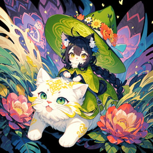 ((Riding a giant fat fluffy cat)) , shining eyes , twin_braid , black hair , little girl, 10 years old, simple green witch's big hat and green robe, intricate details, 32k digital painting, hyperrealism, (vivid color),(abstract background:1.3), (colorful:1.3), (flowers:1.2), (zentangle:1.2), (fractal art:1.1) , parted bangs, SUPER HIGH quality, in 8K , intricate detail, ultra-detailed,chibi,