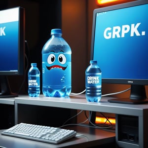 Pixar animation of a bottle of water standing next to gaming computer screen, desperate face, , holding sign (text: drink more water!),Sneakers Design,grbtw artstyle