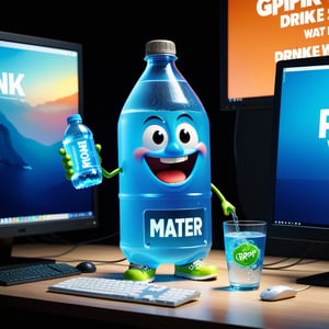 Pixar animation of a bottle of water standing next to gaming computer screen, desperate face, , holding sign (text: drink more water!),Sneakers Design,grbtw artstyle
