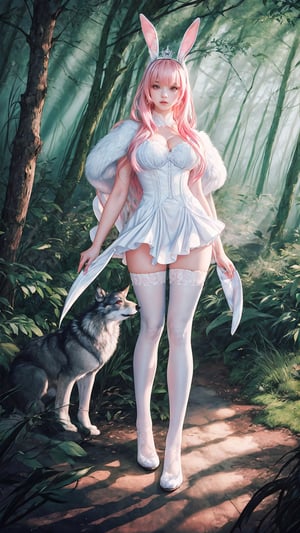 (Realistic lighting, Best quality, 8K, Masterpiece),Big breasts,A girl with bunny ears, wearing a lace dress and white thigh high stockings, blue fluffy shoes, tiara on her head, red eyes, extremely white skin, long pink hair, in indirect linear lighting in a forest background with wolves lurking. ,FFIXBG,atdan