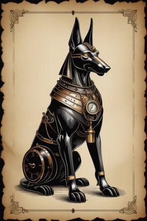 patent style drawing of steam Anubis in ink on an old paper,(steampunk:1.2),old fashioned,nostalgie,black background
