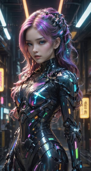 high quality, 8K Ultra HD, full body, have a cyber saber, a mesmerizing 20-year-old woman with a futuristic beauty that seems to transcend time and space, intricately woven into her very being, encased in the cybernetic suit, move with fluidity and precision, Her flowing hair resembles streams of neon lights, casting a vibrant glow that adds a touch of cyberpunk brilliance to her appearance, Each strand of hair is meticulously crafted with holographic patterns that shimmer and shift, creating an ever-changing display of colors, by yukisakura, highly detailed, 
