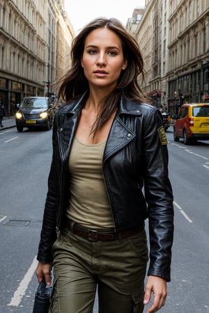 Lara Croft, iconic adventurer and archaeologist, strides confidently through the bustling streets of London, her piercing green eyes scanning the crowded thoroughfare as she navigates through the morning rush hour traffic. A fierce determination etched on her face, she weaves past honking cars and pedestrians, her worn leather jacket and cargo pants a testament to her rugged exploits. Amidst the city's concrete jungle, Lara stands out, her athletic physique and adventurous spirit radiating an air of unbridled exploration.