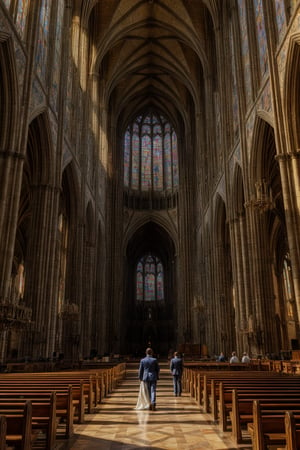 A photographer captures a moment within the majestic cathedral's nave, softly illuminated by the kaleidoscope of colors emanating from the stunning stained-glass windows. 