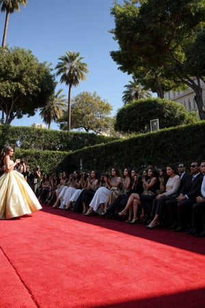 A stunning fashion show unfolds on the bustling streets of Beverly Hills, amidst a sea of pedestrians gathered to witness the spectacle. A crowd of onlookers sits mesmerized, eyes fixed on the catwalk as models sashay down the center aisle. Flashbulbs burst from the multitude of photographers vying for prime position, their cameras capturing every angle and moment of the glamorous event.