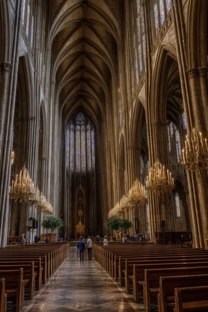 A photographer captures a moment within the majestic cathedral's nave, softly illuminated by the kaleidoscope of colors emanating from the stunning stained-glass windows. 