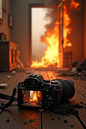 A camera lies amidst a burning room's chaos, its screen displaying the inferno unfolding before it. Flames engulf furniture and walls, casting a fiery glow on the camera's cracked glass. Smoke curls upwards, obscuring the view as a charred doorframe looms in the background.