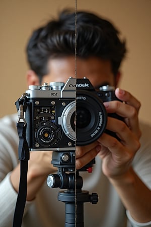 A split-screen shot reveals the intricate mechanisms of a camera's inner workings. The frame is divided in half, showcasing the mechanical components on one side and the photographer's hands adjusting settings on the other. Softbox lighting highlights the camera's metal body, while the background is a warm beige color, emphasizing the tactile nature of the scene. The subject, a photographer, is partially framed by the camera, conveying a sense of intimacy and precision.