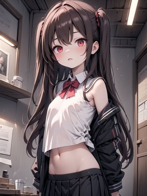 (masterpiece, best quality:1.4), high contrast, ultra details, cinematic lighting, illustration,
1girl, 20 years old,dark red eyes, brown long hair, one side up, flat chest, school_uniform,midriff