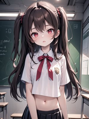 (masterpiece, best quality:1.4), high contrast, ultra details, cinematic lighting, illustration,
1girl,((20 years old)),dark red eyes, brown long hair, one side up, flat chest, school_uniform,midriff,(classroom)