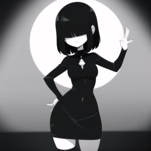 Lucy loud, Black hair, long bangs, bangs covering eyes, beautiful, dress, black dress, Short hair, relaxed pose, long sleeves with black and white lines, full bangs, full stockings, black stockings, Hair over eyes, Sleeves with black and white color patterns, sleeves with black and white lines, pale skin, skin very white, looking towards us, relaxed, neutral expression, arms back, sinister room, short, short girl