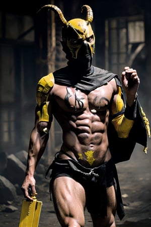 A realistic and detailed portrait of Scorpion, a male character from the Mortal Kombat movie. He is wearing a yellow mask and a yellow outfit that covers most of his body. He has a pair of kunai attached to chains that he can use as weapons. He has pale skin and white eyes, and a scarred face that he can reveal by removing his mask. He is standing in a full-body pose, with one leg slightly bent and the other straight. He is holding one of his kunai in front of him and the other behind him. He has a fierce and menacing expression on his face. He is saying 'Get over here!'