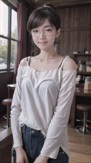 (masterpiece), 1girl,  brown eyes,  coffee house, coffee cup,ion___chu___, round_eyewear, smiling_face,off-shoulder_shirt, ponytail, 