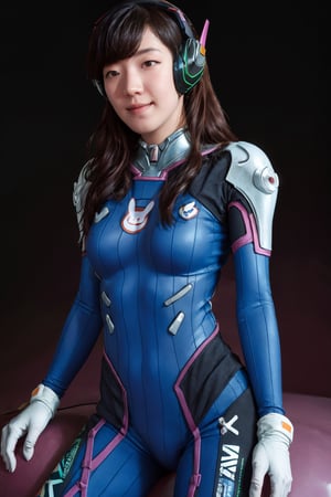 masterpiece, best quality, highres, aahana, long hair, brown hair, headphones, whisker markings, shoulder pads, blue bodysuit, ribbed bodysuit, animal print, clothes writing, long sleeves, white gloves, , cowboy shot, standing, holding weapon, handgun, smile, open mouth, cyberpunk, asian