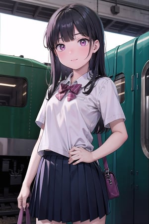 (masterpiece), best quality, high resolution, highly detailed, detailed background, perfect lighting, 1girl, wispy bangs, pink eyes, small breasts, hose, simple, train station, School uniform, skirt