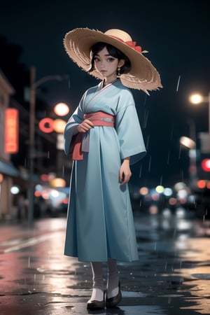 masterpiece, full body portrait, perfect body, standing, (looking at viewer:1.2), man, medium hairstyle, hanbok, outdoors, city, (night time), night, (raining), cinematic, | depth of field, bokeh, ,3DMM,han bok, straw_hat