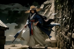 korean, han bok, han_bok, fight pose, masterpiece, full body portrait, perfect body, standing, (looking at viewer:1.2), man, hanbok, outdoors, city, daylight, ride clouds, cinematic, bokeh, ,3DMM,han bok, small straw_hat,white_bandana , Bandana under a straw hat, cobalt blue outfit, white shirts