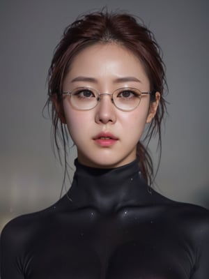 masterpiece, best quality, solo female, closeup, empty street, soaked, professional photography, irritated, front view, facing viewer, looking at viewer, sad 8k, ultra realistic, night, upper body, photo r3al, shooting star,photo r3al,korean girl, wearing glasses, neklace, lingerie, cat ears, long_hair
