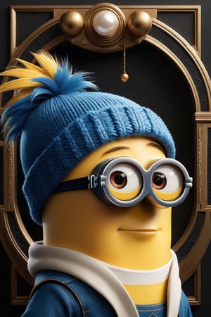 A stunning fusion of classic art, modern animation, and striking visual styles, this hyper-realistic illustration captivates the viewer with its innovative blend of elements. At the center, a Pixar Minion is masterfully posed and lit, paying homage to Vermeer's iconic "Girl with a Pearl Earring." The Minion dons a mesmerizing blue headband, featuring dark yellow and light azure hues, with a touch of anime-inspired flair. The ash-black background accentuates the intricate details and expressive style, reflecting the mastery of Martin Ansin. A low-angle, side view perspective adds depth, while the artistic typography creates an immersive experience that transcends boundaries. This groundbreaking amalgamation of genres and art forms results in a truly unique masterpiece, seamlessly merging typography, painting, typography, painting, anime, illustration