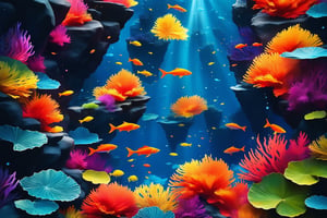 without fish, no fish, Center the composition , Bird view, Underwater world, God's perspective
 ,Top-down perspective, Symmetrical composition,  Under the sea, with the water and Bubbles, From high above, only background, 3D rendering, colorful ink wash painting style, Chinese style color ink, under water, Colorful ink calligraphy, no fishes. A background image with the focal point centered, gradually fading into darkness and blur towards the edges. Rendered with subdued hues and soft transitions, the composition draws the viewer's attention towards the central point while creating a sense of depth and atmosphere. Perfect for creating a captivating backdrop for various designs or presentations. The closer you get to the surroundings, the blurry it becomes.  Dim lighting casts shadows, with a spotlight illuminating the center. The subdued ambiance creates an atmospheric effect, drawing focus to the central area. Perfect for setting a mysterious or dramatic tone in visual compositions. An immersive underwater backdrop for a fishing game, no fish, features a mesmerizing seascape of underwater lava. Orange-red volcanic rocks dominate the scene, with mottled cracks crisscrossing the surface, delineating rich textures and layers. Rendered with vibrant, colorful ink wash painting style and 3D rendering techniques, the composition transports players to a dynamic underwater world. The rugged beauty of the volcanic rocks, combined with the fiery hues of the lava, creates a visually striking environment that sets the stage for an exciting gameplay experience.,perfect light,klee (genshin impact),painted world,Landscape