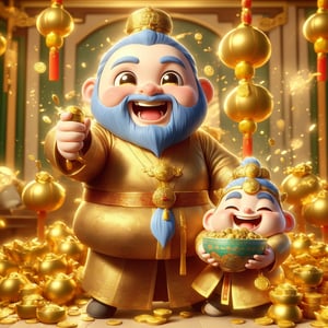 a cartoon character holding a bowl of gold coins,God of wealth, ray tracing lighting, chinese heritage, gnome, being delighted and cheerful, an unexpected windfall, still image from the movie, official splash art, wealth, an emperor, happy appearance, protect,