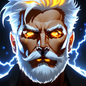 solo, looking at viewer, 1boy, yellow eyes, white hair, male focus, glowing, facial hair, portrait, glowing eyes, beard, serious, mustache, electricity, old, old man, lightning