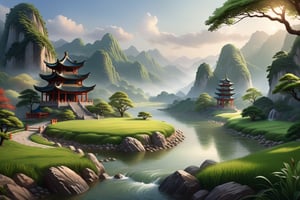 ((masterpiece, best quality)), serene atmosphere, trending, high quality, realistic, intricately detailed, graceful and natural textures, 16K, hyper-realistic image, harmonious light, soft and even lighting, Chinese landscape theme, distant lush green mountains, winding river, peaceful and tranquil mood, subtle depth, natural scenery, soft tones, layers of depth, atmospheric perspective, nature's harmony, photorealistic, HDR, UHD, vivid colors, concept art, serene nature scene, depth of field emphasizing landscape layers, RAW photo quality, meticulous attention to detail and textures.