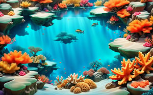 without fish, no fish,  Center the composition , Bird view, Underwater world, God's perspective
 ,Top-down perspective, Symmetrical composition,  Under the sea, with the water and Bubbles, From high above, only background, 3D rendering, colorful ink wash painting style, Chinese style color ink, under water, Colorful ink calligraphy, no fishes , A background image with the focal point centered, gradually fading into darkness and blur towards the edges. Rendered with subdued hues and soft transitions, the composition draws the viewer's attention towards the central point while creating a sense of depth and atmosphere. Perfect for creating a captivating backdrop for various designs or presentations. Dim lighting casts shadows, with a spotlight illuminating the center. The subdued ambiance creates an atmospheric effect, drawing focus to the central area. Perfect for setting a mysterious or dramatic tone in visual compositions. A captivating underwater backdrop for a fishing game, no fish, bathed in warm tones of lake green. At the center lies an expanse of sandy desert, radiating outward in an earthy hue. Surrounding this desert are rocky reefs adorned with sponges, corals, starfish, and jewels nestled among the rocks. Rendered with vibrant, colorful ink wash painting style and 3D rendering techniques, the composition immerses players in a tranquil underwater world. The contrast between the sandy desert and the rocky reefs, combined with the warm color palette, creates a visually stunning environment, perfect for players to explore and enjoy.