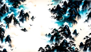 Bird view, Center the composition, Underwater world, Under the sea, Top-down perspective , From high above, only background, 3D rendering, Traditional Chinese ink wash painting style, capturing the essence of mountains shrouded in mist, ancient trees, and flowing rivers, all rendered with graceful brush strokes, emphasizing the flow of energy (Qi) and the balance between yin and yang, black ink on rice paper, serene and meditative atmosphere