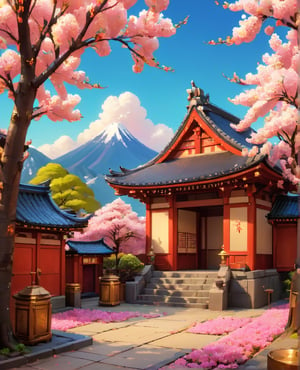 Japanese temple festival store
, Cherry blossoms, market
, Warm colors, Disney-style, Center the composition
, no humans ,Pixel art, high brightness and hyper coloured, S-shaped composition