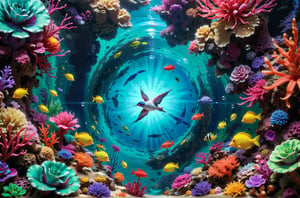 background, Center the composition , Bird view, Underwater world, God's perspective
 ,Top-down perspective, Symmetrical composition,  Under the sea, From high above, only background, 3D rendering, colorful ink wash painting style, Chinese style color ink, under water, ocean kingdom
