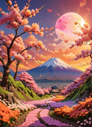 Mount Fuji in the distance
, cherry blossoms, Symmetrical composition, 3D rendering
, Warm colors, Disney-style
, flower, outdoors, sky, cloud, tree, petals, no humans, grass, scenery, sunset, sun, field, gradient sky,Pixel art, high brightness and hyper coloured, S-shaped composition