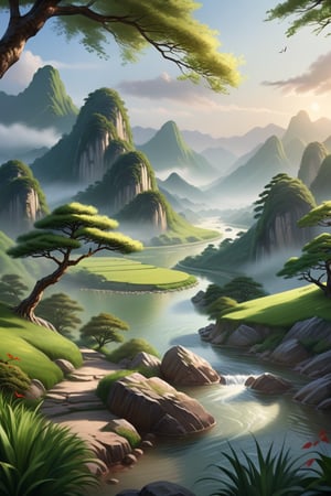 ((masterpiece, best quality)), serene atmosphere, trending, high quality, realistic, intricately detailed, graceful and natural textures, 16K, hyper-realistic image, harmonious light, soft and even lighting, Chinese landscape theme, distant lush green mountains, winding river, peaceful and tranquil mood, subtle depth, natural scenery, soft tones, layers of depth, atmospheric perspective, nature's harmony, photorealistic, HDR, UHD, vivid colors, concept art, serene nature scene, depth of field emphasizing landscape layers, RAW photo quality, meticulous attention to detail and textures.