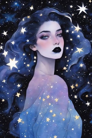 (masterpiece,best quality,niji style), woman, niji, black lips, gradient background, night starry sky in hair, cosmic stars eye, realistic