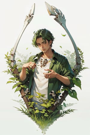 a painting of a man holding bones, green leaves, green grass, white simple background