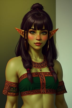 (best quality, masterpiece), 1girl, intricate details, beautiful detailed face, looking at viewer, blushing, black hair, medium hair, blunt bangs, happy, standing, (indian_girl), elf_ears, shewoworc, (dark green skin)