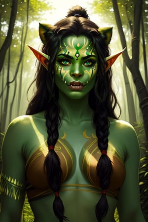 (best quality, masterpiece), 1girl, in a forest, intricate details, beautiful detailed face, beautiful_eyes, looking at viewer, black hair, longhair, blunt bangs, happy, standing, elf_ears, shewoworc, ((green skin)), indian, glowing eyes, face paint, fangs, tusks, shaman, lioncloth, regal