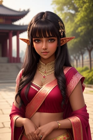 (best quality, masterpiece), 1girl, intricate details, beautiful detailed face, looking at viewer, blushing, temple, black hair, medium hair, blunt bangs, happy, standing, (indian_girl), (dark_skin), elf_(species)