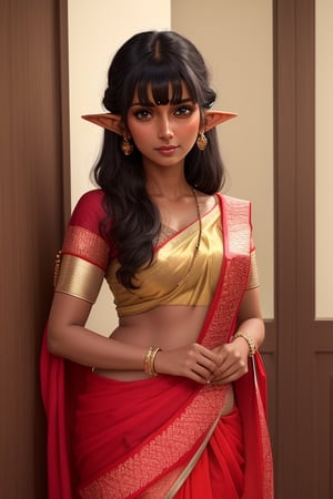 (best quality, masterpiece), 1girl, intricate details, beautiful detailed face, looking at viewer, blushing, black hair, medium hair, blunt bangs, happy, standing, (indian_woman), mature, (dark_skin), elf_(species)