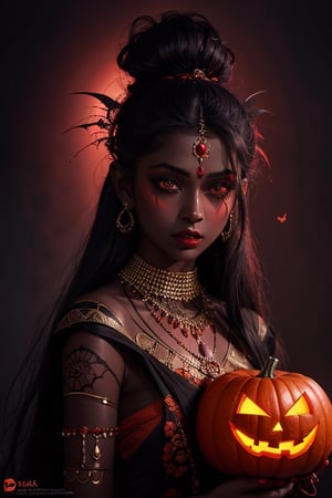  Halloween-themed artwork, indian vampire girl, (dark_skin), vibrant colors, intricate details, digital painting, surreal, glowing effects, 4k resolution