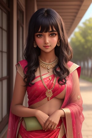 (best quality, masterpiece), 1girl, intricate details, beautiful detailed face, looking at viewer, blushing,, black hair, medium hair, blunt bangs, happy, standing, (indian_girl), (dark_skin)