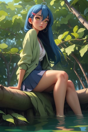 (masterpiece), highly detailed, 1girl, solo, long hair, shiny hair, blue hair, hair between eyes, hairclip, hair gathered over shoulder, yellow eyes, medium breasts, detailed face, upper body till thigh, from below, detailed background, sitting on tree trunk, legs submerged in water, japanese village, loose fit cardigan, ruffle mini skirt, dark red skirt, green cardigan, looking away