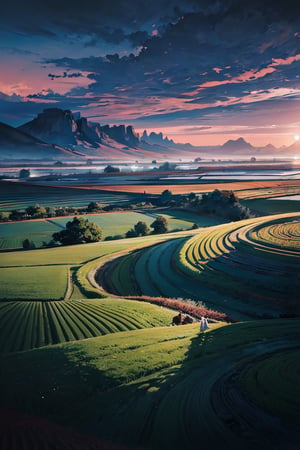 masterpiece, best quality, scenery, cinematic lighting, colorful, (extremely detailed), gradient skies (orange and red theme), clouds, hills, valley, rice paddy, terrace cultivation, old man, (farmer), (far away), wide shot, looking at a plane flying in the distance,