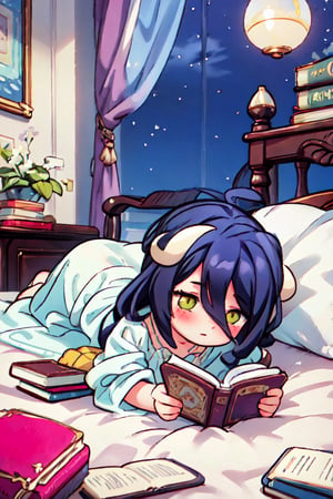 masterpiece, best quality, 1girl, solo, (mature, adult female), aesthetic, chibi, cute,albedo, reading book, fairytale book, lying on stomach, sliver nightgown, 