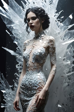 Absurdres, Made_of_pieces_broken_glass, transparent glass, cinematic visuals, extremely detailed, 1girl, mature female, pale white skin, vampire skin, shards skin, black hair, dirty and messy, avant-garde dress with artistic flair, fantasy glass evening gown, from side, medium shot, fractal,DonMD3m0nXL 