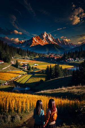 masterpiece, best quality, scenery, cinematic lighting, colorful, (extremely detailed), mountain, hills, paddy fields, wet fields, 2girls, upper body, (far away), wide shot, looking at the sky, gradient sky, clouds (orange and red),