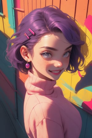graffiStyle, detailed, vibrant, high quality, 1girl, solo, masterpiece, one arm raised, short hair, purple hair, snap clip, freckles, smiling, brown eyes, detailed eyes, eyelashes, parted lips, moon shaped earring, turtleneck, strawberry print sweater, pov, from above, medium shot,
