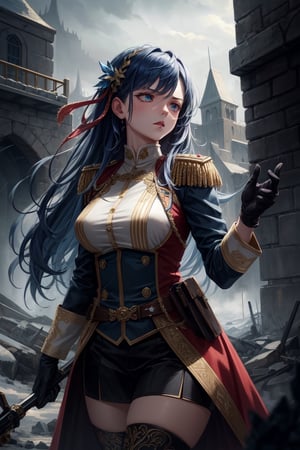 masterpiece, best quality, absurdres, highres, ultra detailed, 1girl, solo, laced, geometric shapes, intricate details, long blue hair, crystal ornaments, gloves, fantasy uniform, military, purple uniform, visual storytelling, outdoors, battlefield scenario, gritty atmosphere, moody lighting, 