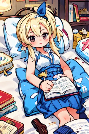 masterpiece, best quality, 1girl, solo, (mature, adult female), aesthetic, chibi, cute, Lucy_Heartfilia, reading book, lying on back, pillows, night,